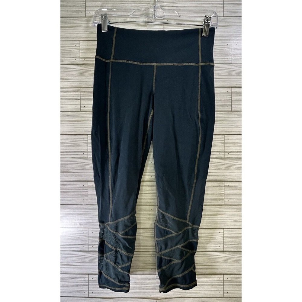 Athleta Mantra Capri Legging‎ Green Yellow Mesh See Through Calf Workout Size S